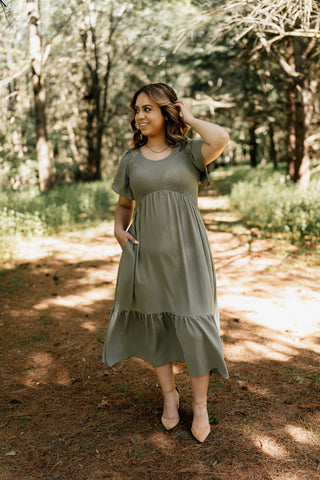 The Cambreigh Smocked Flutter Sleeve Midi Dress in Ash Blue