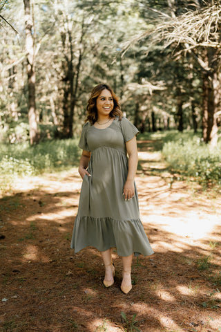 The Cambreigh Smocked Flutter Sleeve Midi Dress in Ash Blue