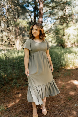 The Cambreigh Smocked Flutter Sleeve Midi Dress in Ash Blue